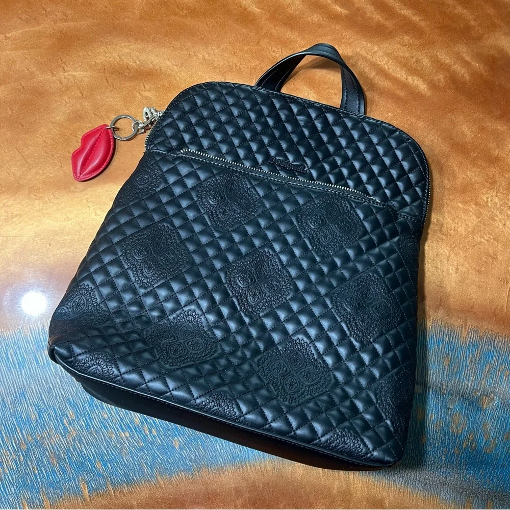Desigual Claudia Nanaimo Black Quilted Backpack vegan leather lip hang tag